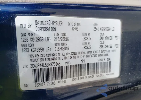 2003 Chrysler Town & Country Lx z USA, uszkodzony, nr VIN 2C4GP44L53R375348